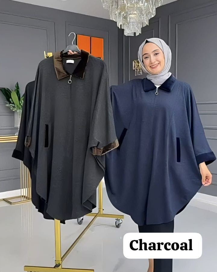 SS-119 Zipper Shawl Poncho With Pockets & Cozy Neck