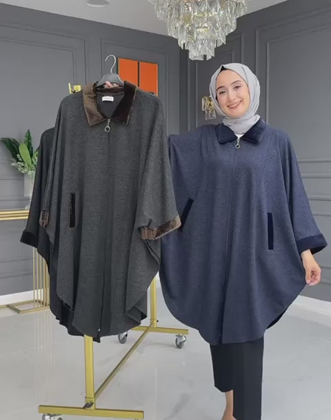 SS-119 Zipper Shawl Poncho With Pockets & Cozy Neck